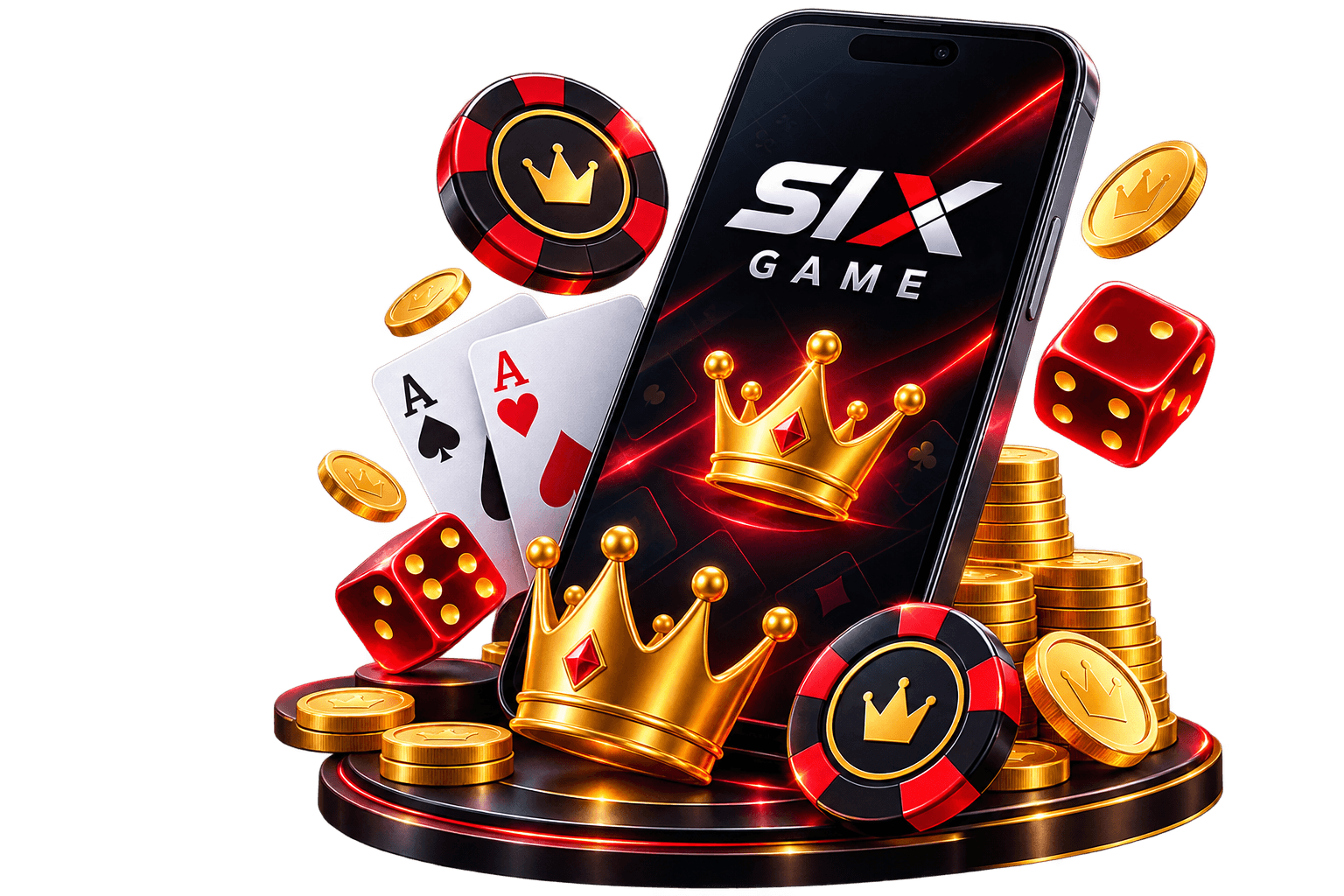SIX Game app on a phone surrounded by chips, dice, and rewards